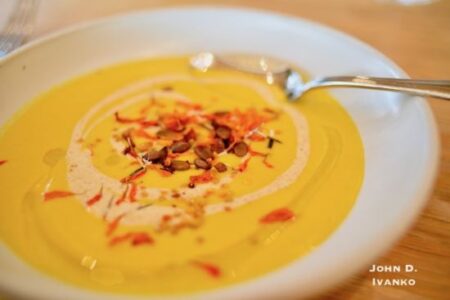 California-Inspired Sustainability: Winter Squash Soup Recipe, with Yogurt and Bee Pollen Image